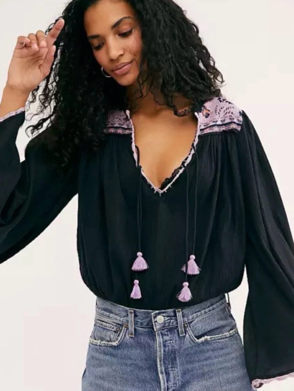 Free People Black Blouse with Lavender Embroidery and Tassels